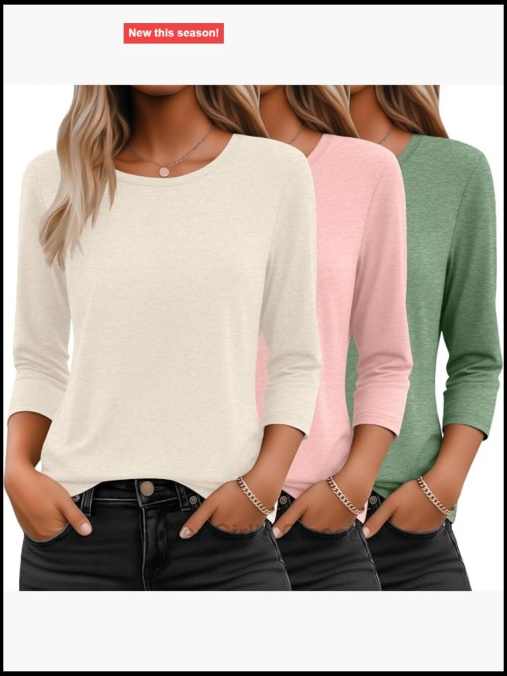 3 Pack Women 3/4 Sleeve Crew Neck Loose Fit Tee Shirts